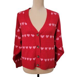 Old Navy Size MP SoSoft Valentine Red with Pink Heart Print Cardigan Sweater